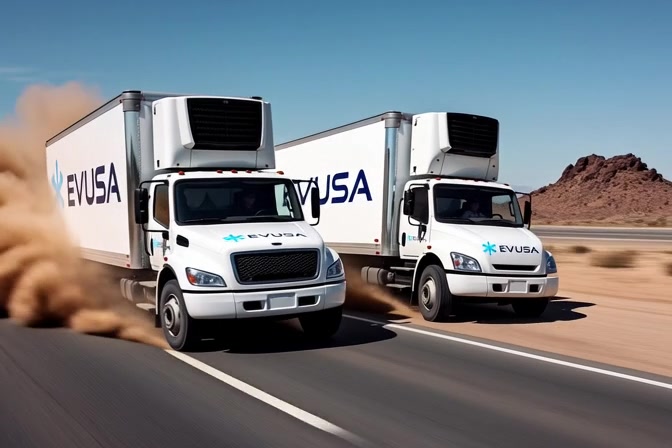 EVUSA dual trucks on desert highway